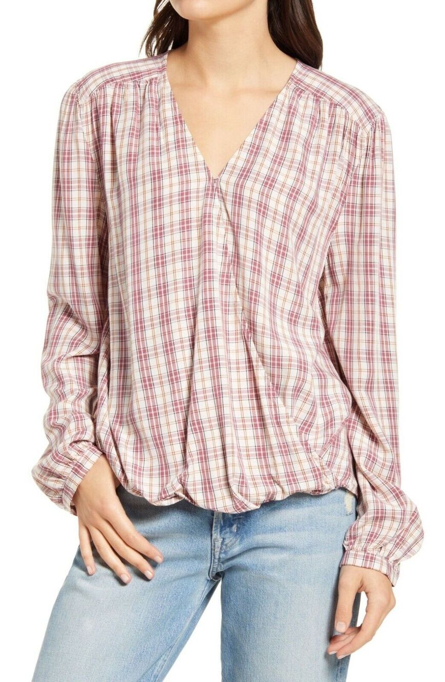 Treasure & Bond NWT Shirred Wrap Top Pink Frosty Plaid Size LARGE CASUAL